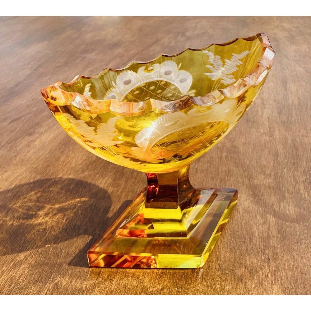 Antique Bohemian Amber Cut Clear Crystal Pedestal Salt Cellar Bowl Etched Art - Picture 3 of 12